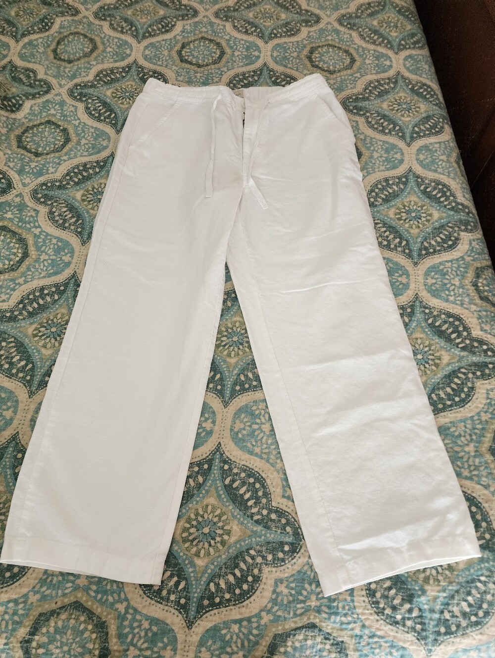Womens White Linen / Cotton Casual Wide Leg Drawstring Pants